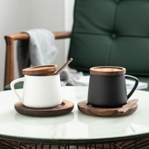 Hygge Stoneware Latte Mugs with Wooden Lids, Set of 2